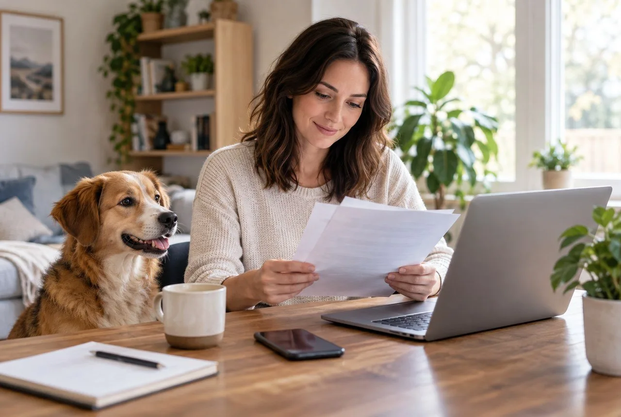 Owner reading papers at a table beside a dog