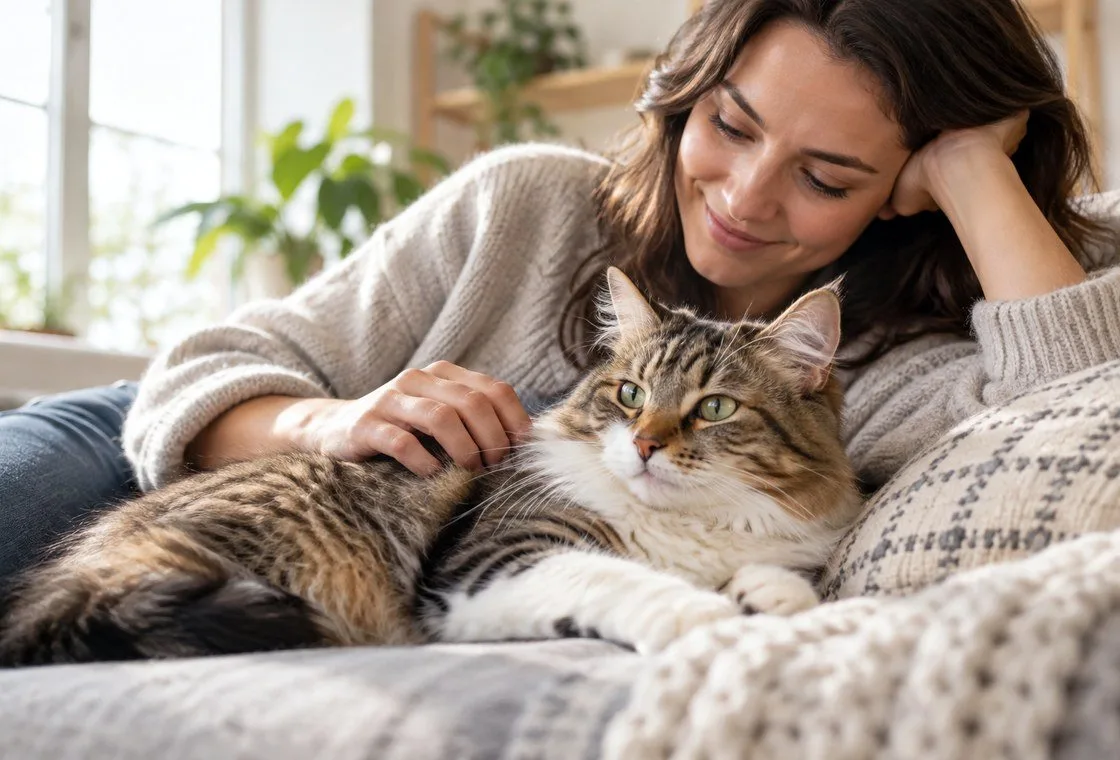 Owner resting beside a cat at home